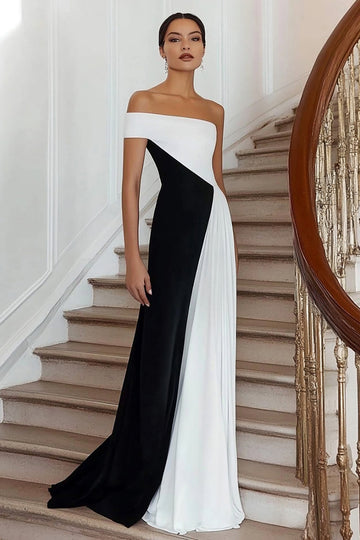 Black White One Shoulder A Line Satin Long Formal Dress